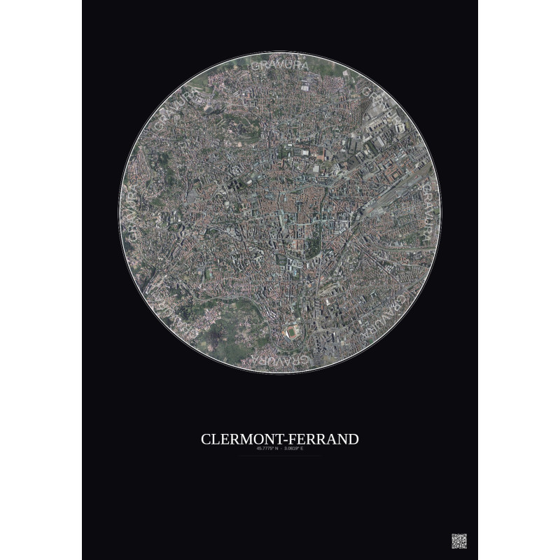 Affiche Clermont Ferrand – Poster vue satellite 2.5km Couleur | Gravura – Fond foncé