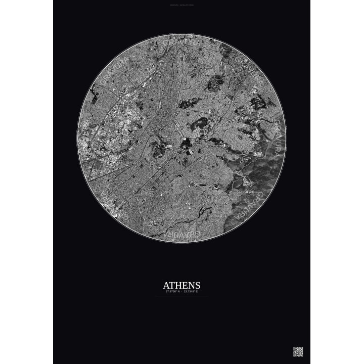 Affiche Athens – Poster vue satellite 6km N&B | Gravura – Fond foncé