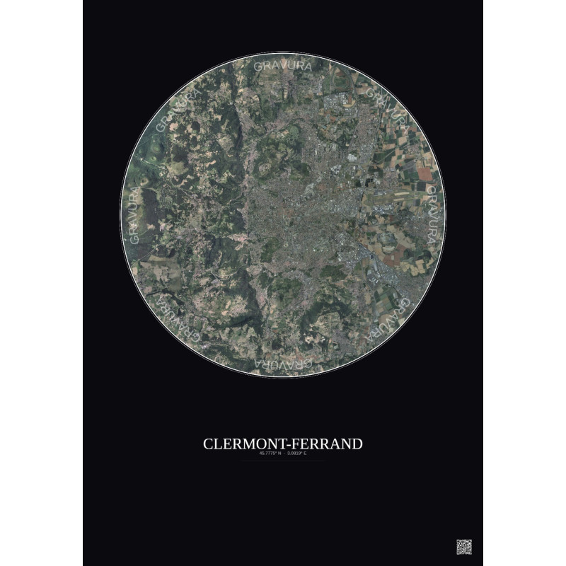 Affiche Clermont Ferrand – Poster vue satellite 10km Couleur | Gravura – Fond foncé