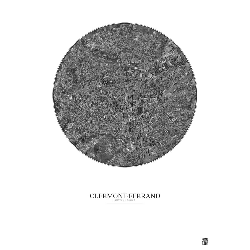 Affiche Clermont Ferrand – Poster vue satellite 2.5km N&B | Gravura – Fond clair
