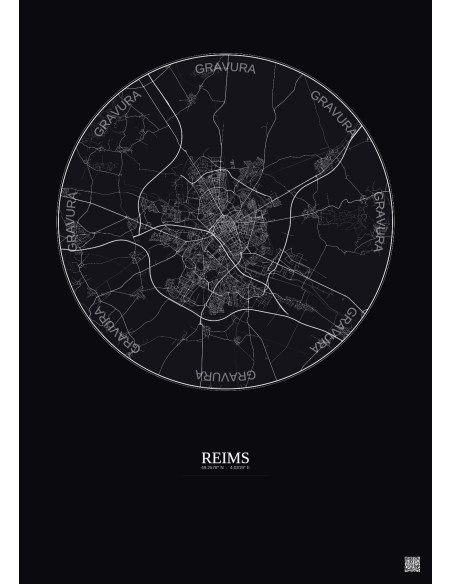 Affiche Reims – Poster carte de ville 10km | Gravura – Fond foncé
