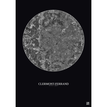 Affiche Clermont Ferrand – Poster vue satellite 5km N&B | Gravura – Fond foncé