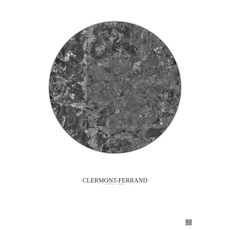 Affiche Clermont Ferrand – Poster vue satellite 5km N&B | Gravura – Fond clair