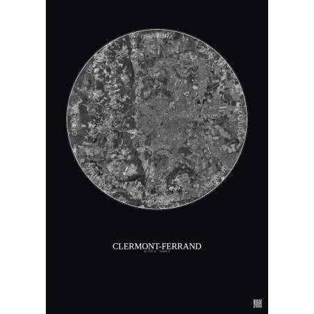 Affiche Clermont Ferrand – Poster vue satellite 10km N&B | Gravura – Fond foncé