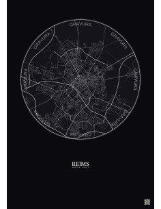 Affiche Reims – Poster carte de ville 6km | Gravura – Fond foncé