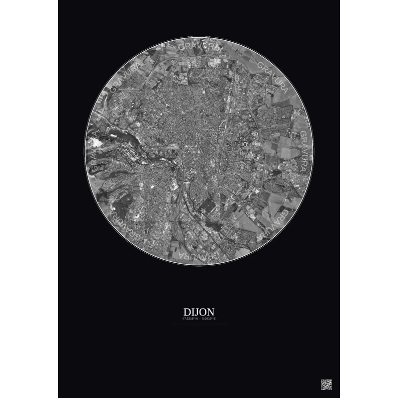 Affiche Dijon – Poster vue satellite 5km N&B | Gravura – Fond foncé