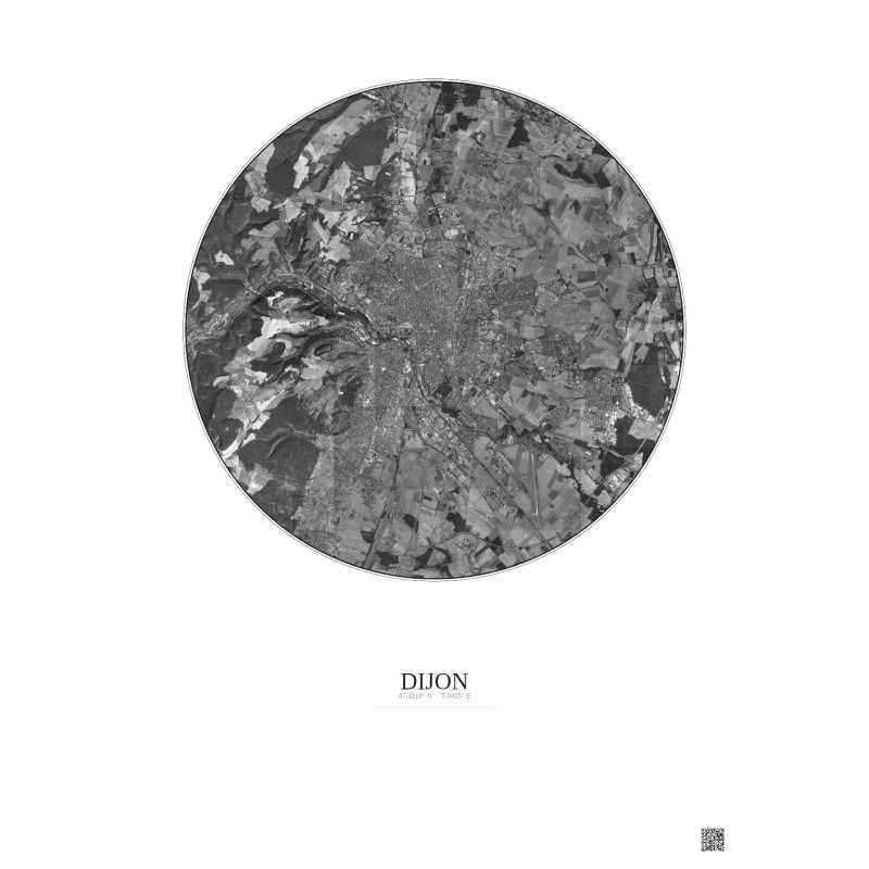 Dijon Satellite View Poster 10km B&W | Gravura – Light background