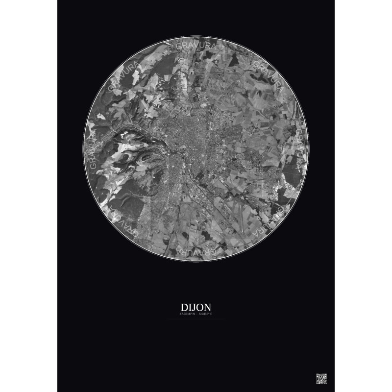 Affiche Dijon – Poster vue satellite 10km N&B | Gravura – Fond foncé