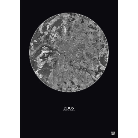 Affiche Dijon – Poster vue satellite 10km N&B | Gravura – Fond foncé