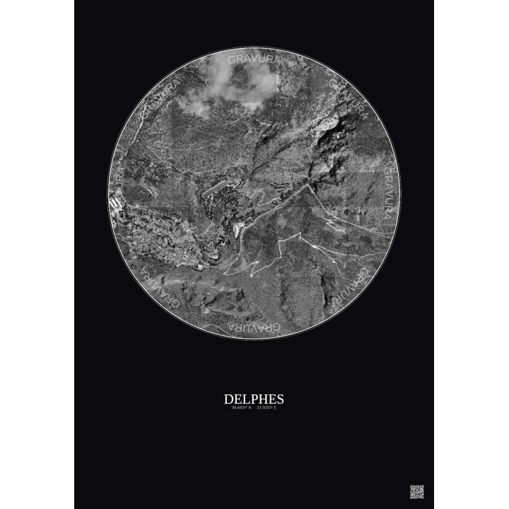 Affiche Delphes – Poster vue satellite 1km N&B | Gravura – Fond foncé