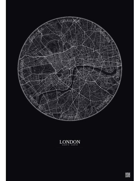 Affiche London – Poster carte de ville 6km | Gravura – Fond foncé