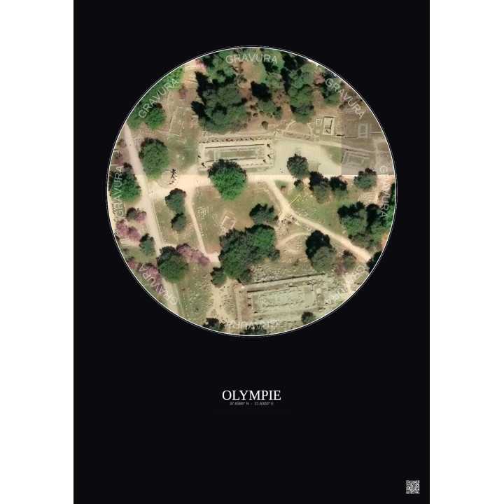 Affiche Olympie – Poster vue satellite 0.1km Couleur | Gravura – Fond foncé