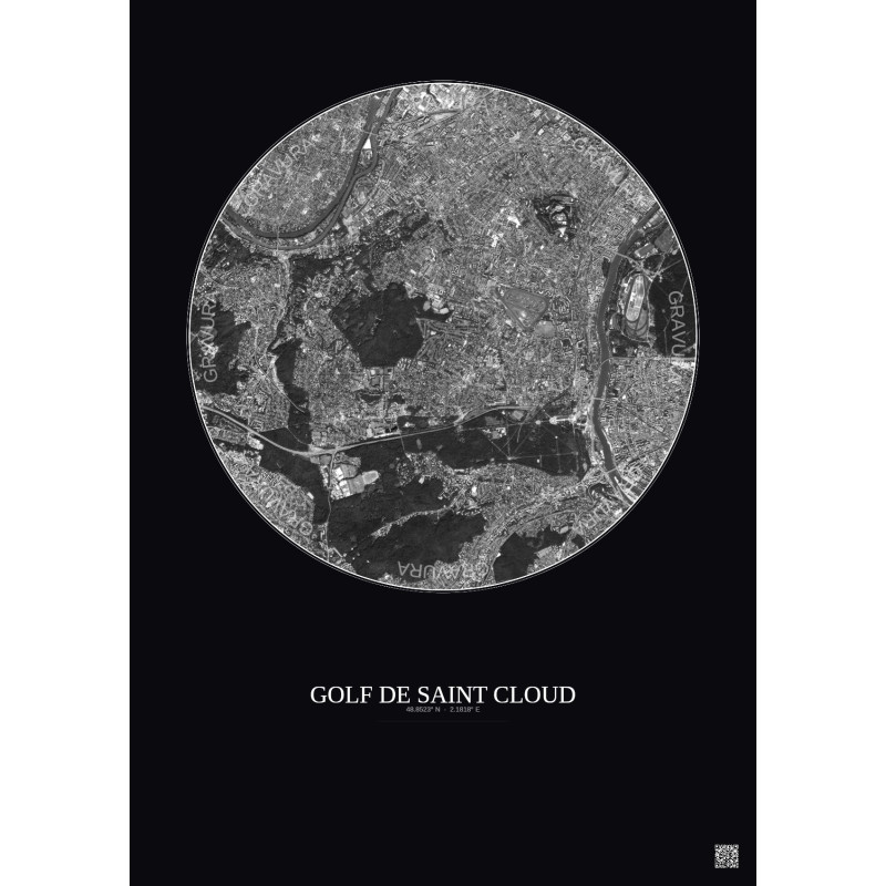 Affiche Golf De Saint Cloud – Poster vue satellite 5km N&B | Gravura – Fond foncé
