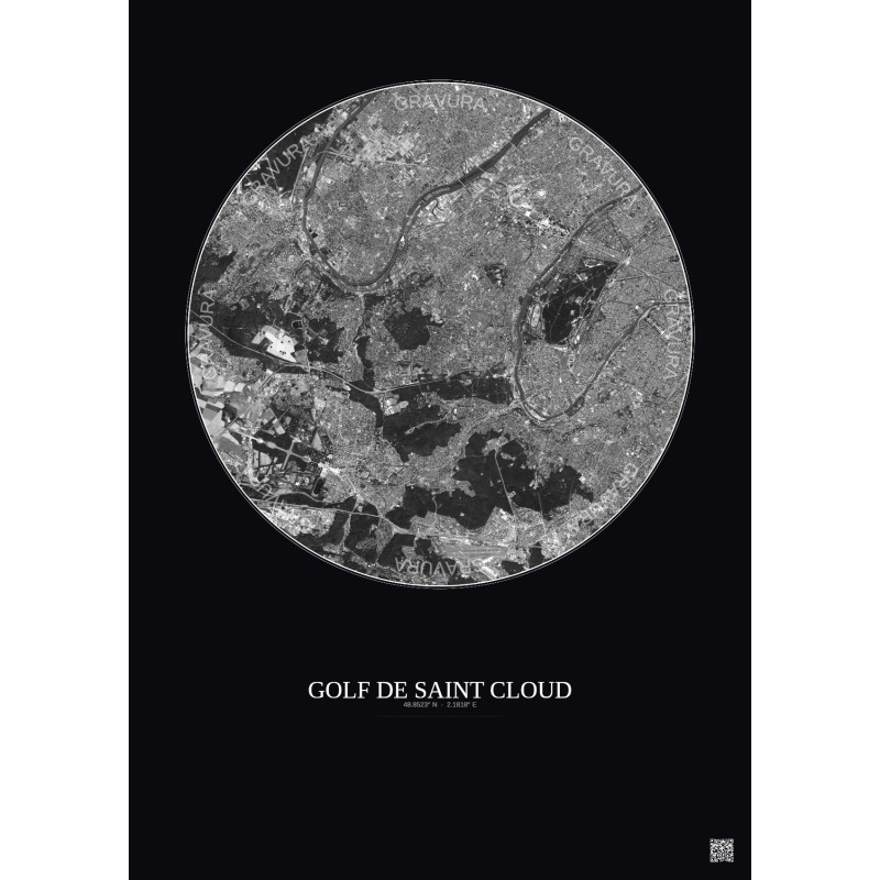 Affiche Golf De Saint Cloud – Poster vue satellite 10km N&B | Gravura – Fond foncé