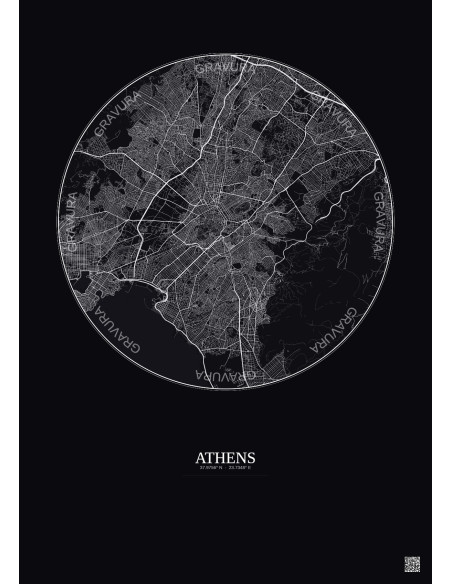 Affiche Athens – Poster carte de ville 10km | Gravura – Fond foncé