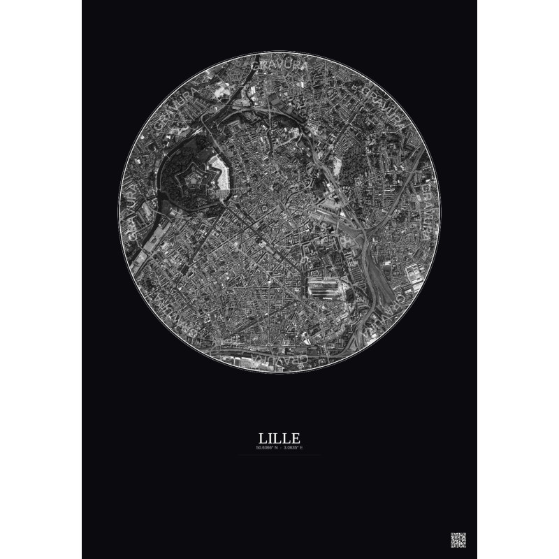 Affiche Lille – Poster vue satellite 2.5km N&B | Gravura – Fond foncé