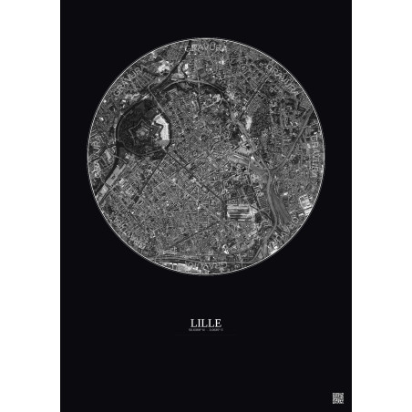 Affiche Lille – Poster vue satellite 2.5km N&B | Gravura – Fond foncé