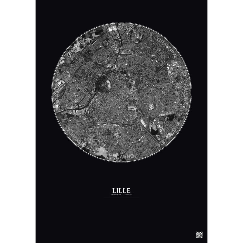 Affiche Lille – Poster vue satellite 5km N&B | Gravura – Fond foncé