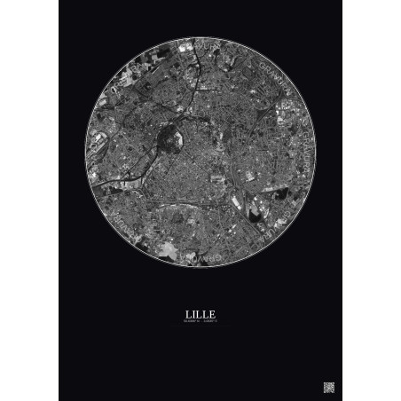 Affiche Lille – Poster vue satellite 5km N&B | Gravura – Fond foncé