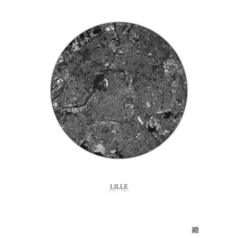 Lille Satellite View Poster 5km B&W | Gravura – Light background