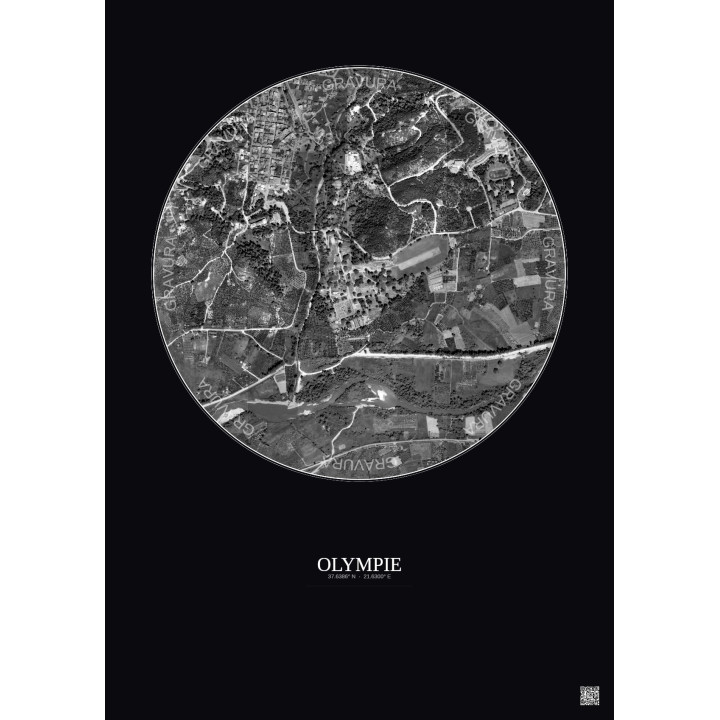 Olympie Satellite View Poster 1km B&W | Gravura – Dark background
