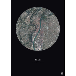 Affiche Lyon – Poster vue satellite 5km Couleur | Gravura – Fond foncé