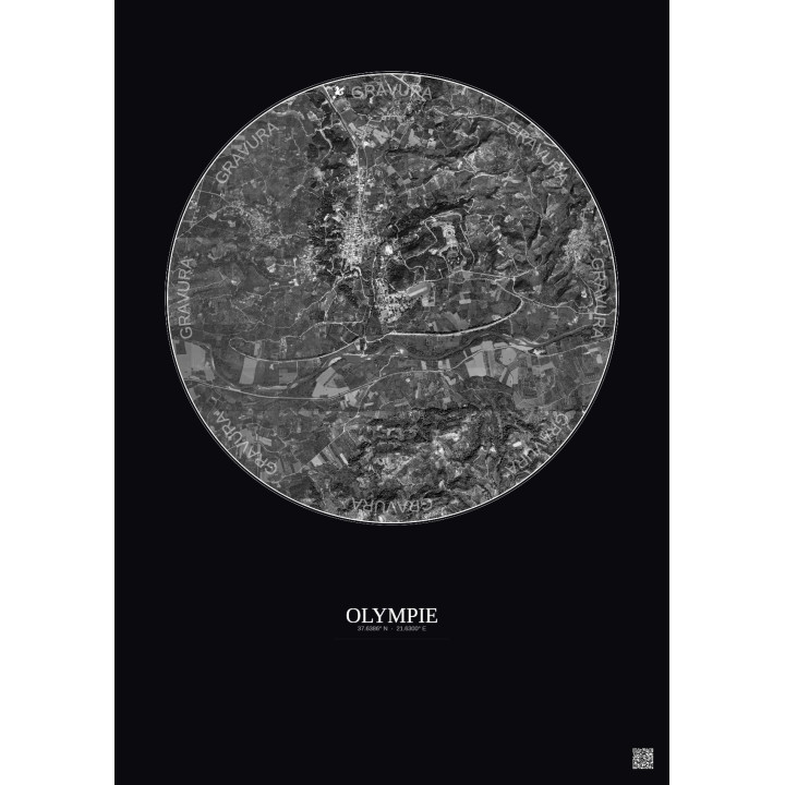 Olympie Satellite View Poster 2.5km B&W | Gravura – Dark background