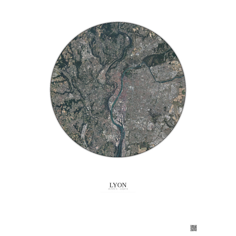 Affiche Lyon – Poster vue satellite 10km Couleur | Gravura – Fond clair