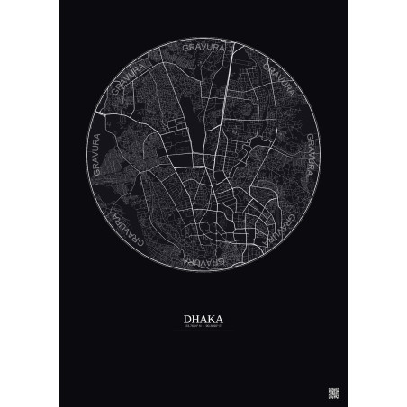 Affiche Dhaka – Poster carte de ville 6km | Gravura – Fond foncé