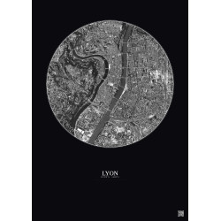 Affiche Lyon – Poster vue satellite 2.5km N&B | Gravura – Fond foncé