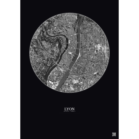 Affiche Lyon – Poster vue satellite 2.5km N&B | Gravura – Fond foncé