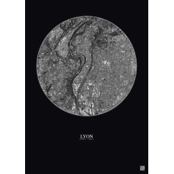 Affiche Lyon – Poster vue satellite 5km N&B | Gravura – Fond foncé