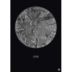 Affiche Lyon – Poster vue satellite 10km N&B | Gravura – Fond foncé