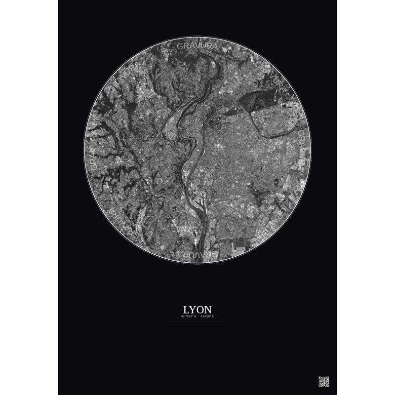 Affiche Lyon – Poster vue satellite 10km N&B | Gravura – Fond foncé