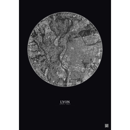 Affiche Lyon – Poster vue satellite 10km N&B | Gravura – Fond foncé