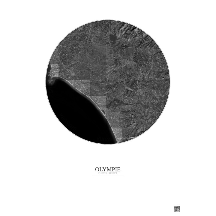 Affiche Olympie – Poster vue satellite 30km N&B | Gravura – Fond clair
