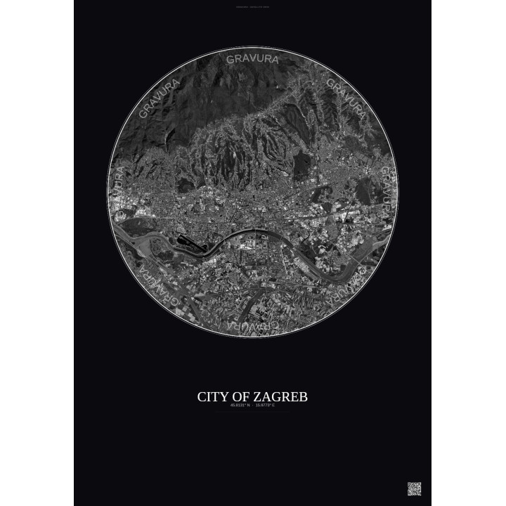 Affiche City Of Zagreb – Poster vue satellite 10km N&B | Gravura – Fond foncé