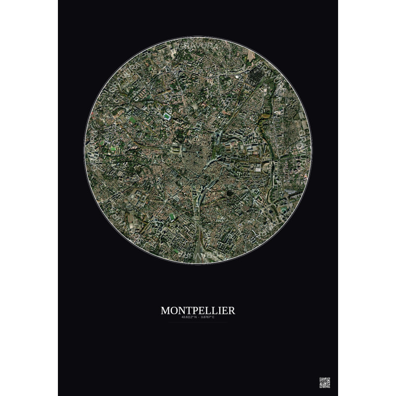 Affiche Montpellier – Poster vue satellite 2.5km Couleur | Gravura – Fond foncé