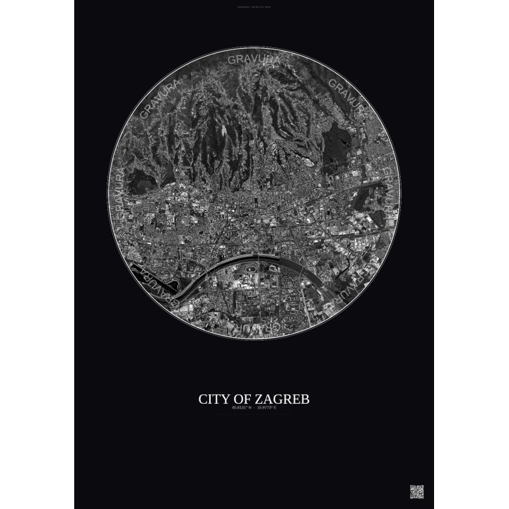 Affiche City Of Zagreb – Poster vue satellite 6km N&B | Gravura – Fond foncé