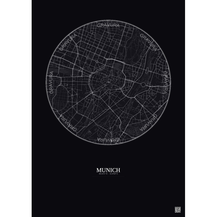 Affiche Munich – Poster carte de ville 2.5km | Gravura – Fond foncé