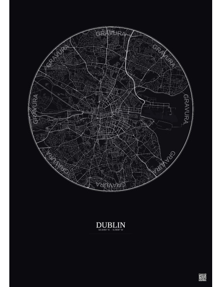 Affiche Dublin – Poster carte de ville 6km | Gravura – Fond foncé