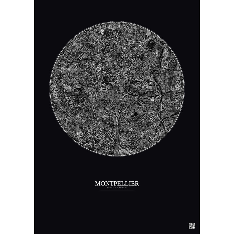 Affiche Montpellier – Poster vue satellite 2.5km N&B | Gravura – Fond foncé