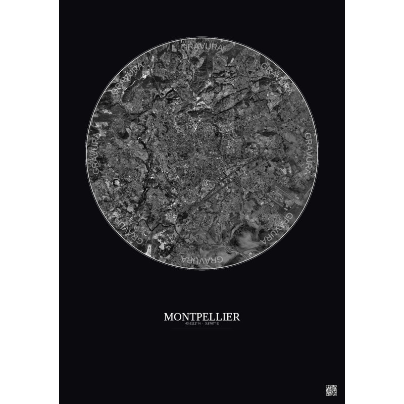 Affiche Montpellier – Poster vue satellite 10km N&B | Gravura – Fond foncé