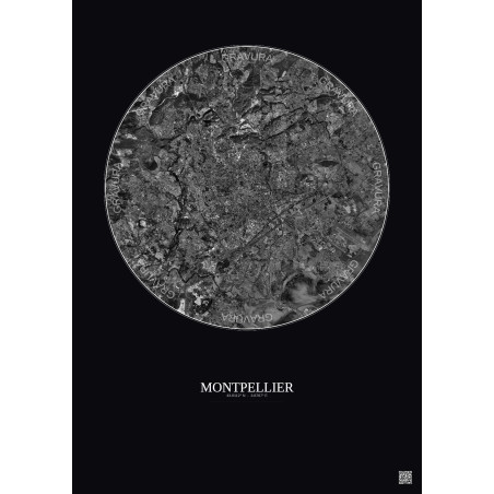Affiche Montpellier – Poster vue satellite 10km N&B | Gravura – Fond foncé