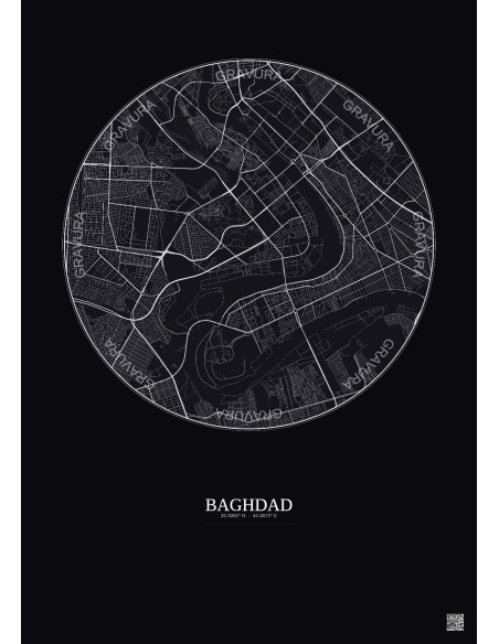 Affiche Baghdad – Poster carte de ville 6km | Gravura – Fond foncé