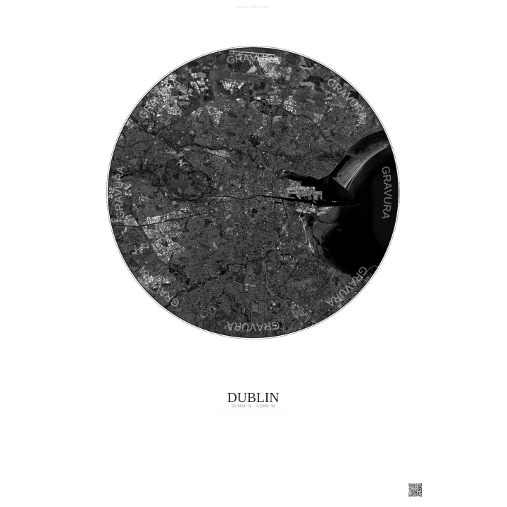 Affiche Dublin – Poster vue satellite 10km N&B | Gravura – Fond clair