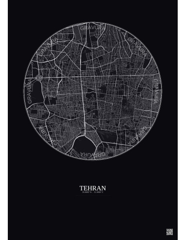 Affiche Tehran – Poster carte de ville 6km | Gravura – Fond foncé