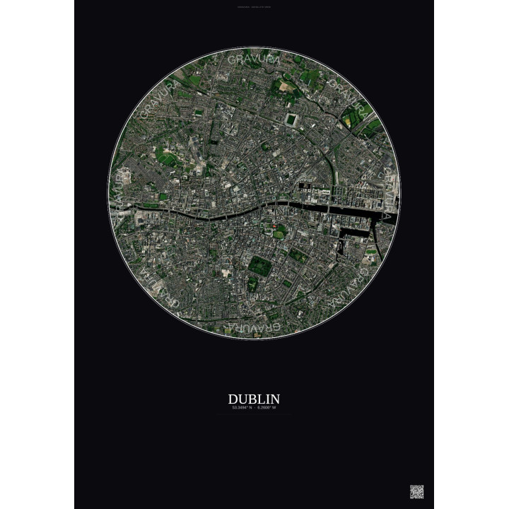 Affiche Dublin – Poster vue satellite 2.5km Couleur | Gravura – Fond foncé