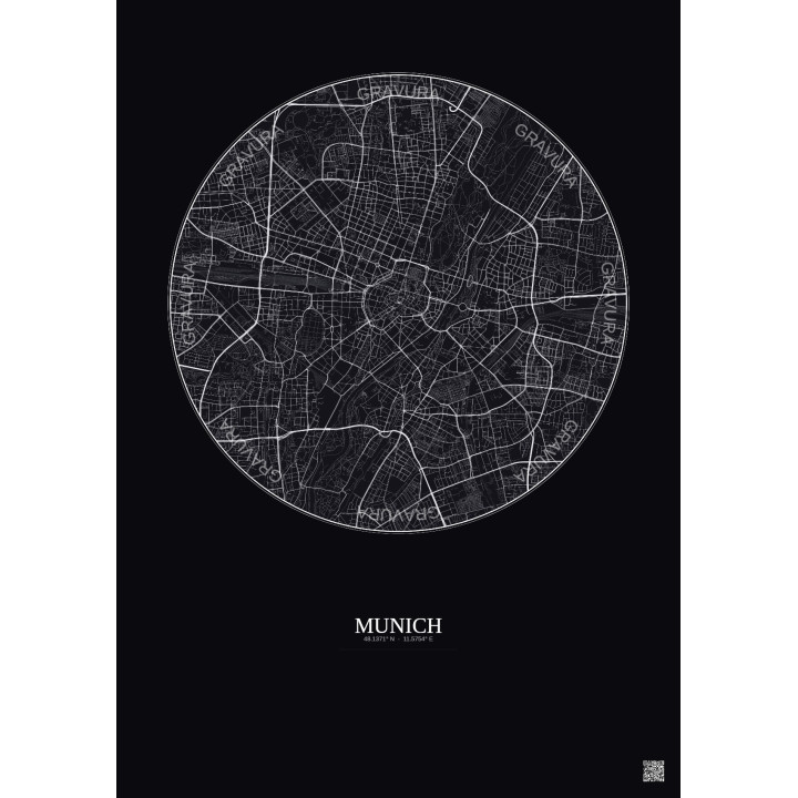 Affiche Munich – Poster carte de ville 5km | Gravura – Fond foncé