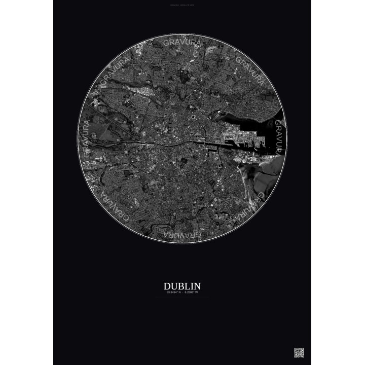 Affiche Dublin – Poster vue satellite 6km N&B | Gravura – Fond foncé